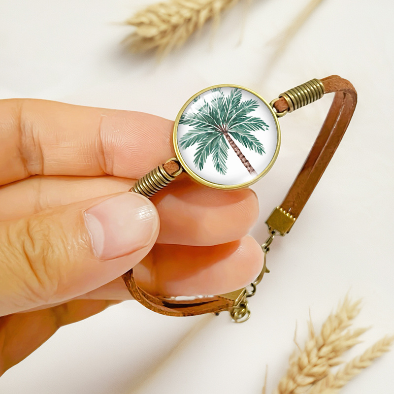 Men's Brown Leather Bracelet with Palm Tree Glass Ornament